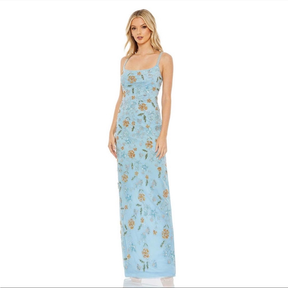 Mac Duggal Beaded Square Neck Sleeveless Open Back Gown